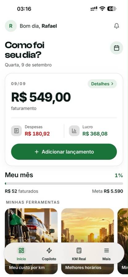 Tela inicial do app Motorista One mostrando faturamento, despesas e lucro do dia